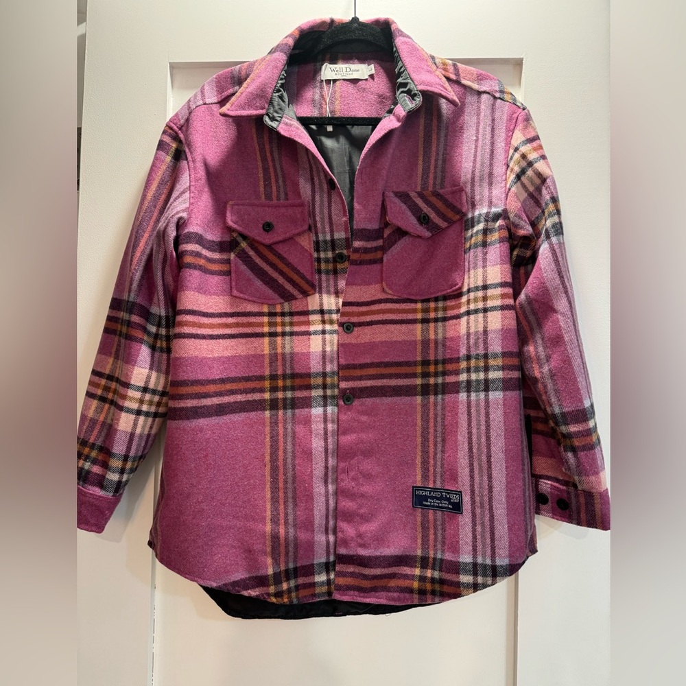 Highland Tweed Pink and Brown Plaid Over-Shirt | Lined Jacket | Size Large
